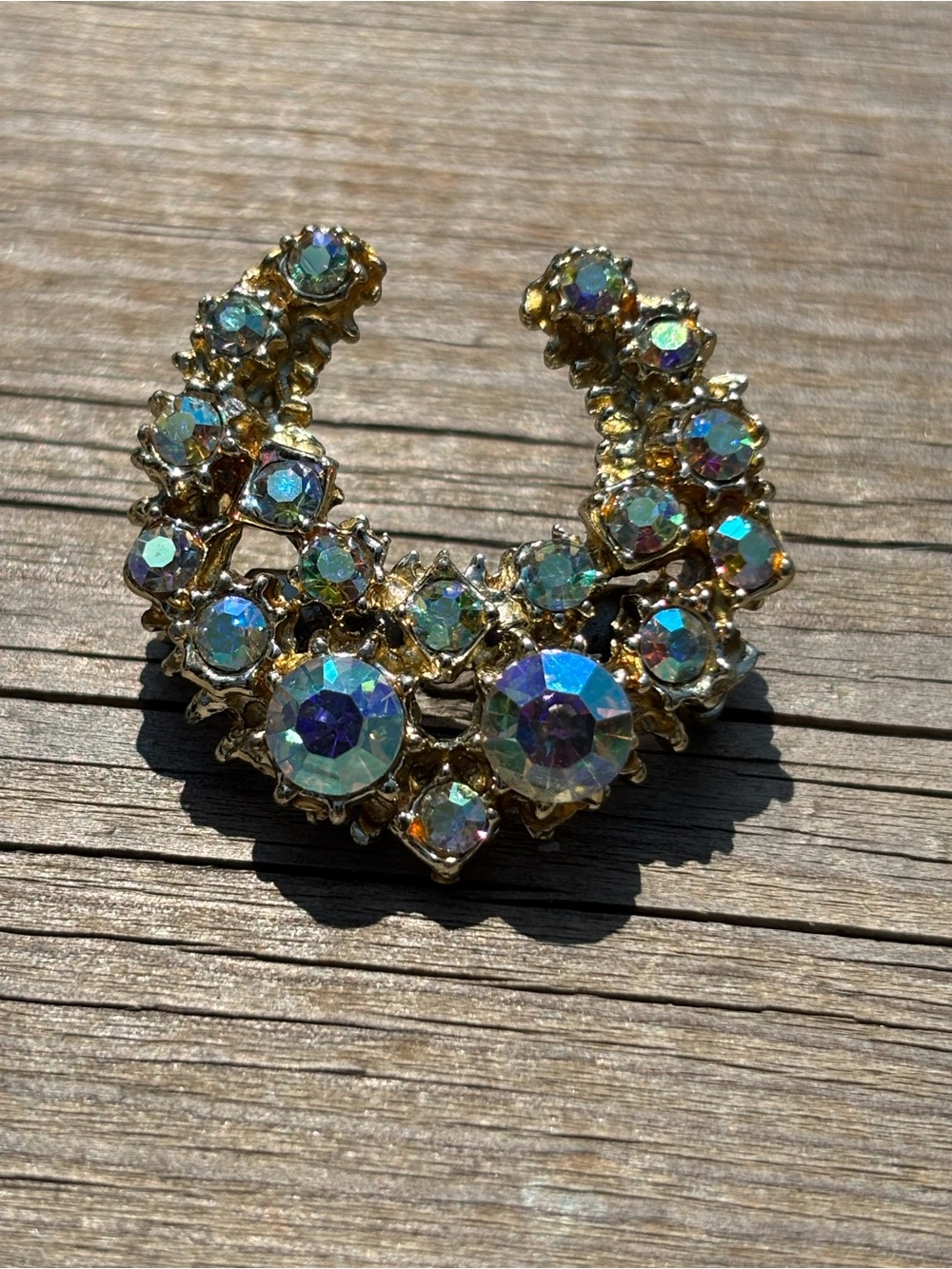 Vintage 1960s Unsigned Triad Style Aurora Borealis Crescent Brooch